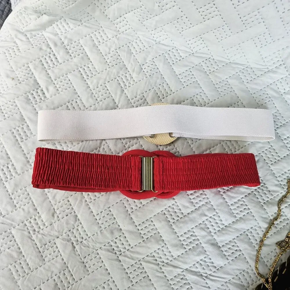 Vintage 80s Rope Elastic Stretch Belts With Buckle Lot Of 3 Polka Dot Wide